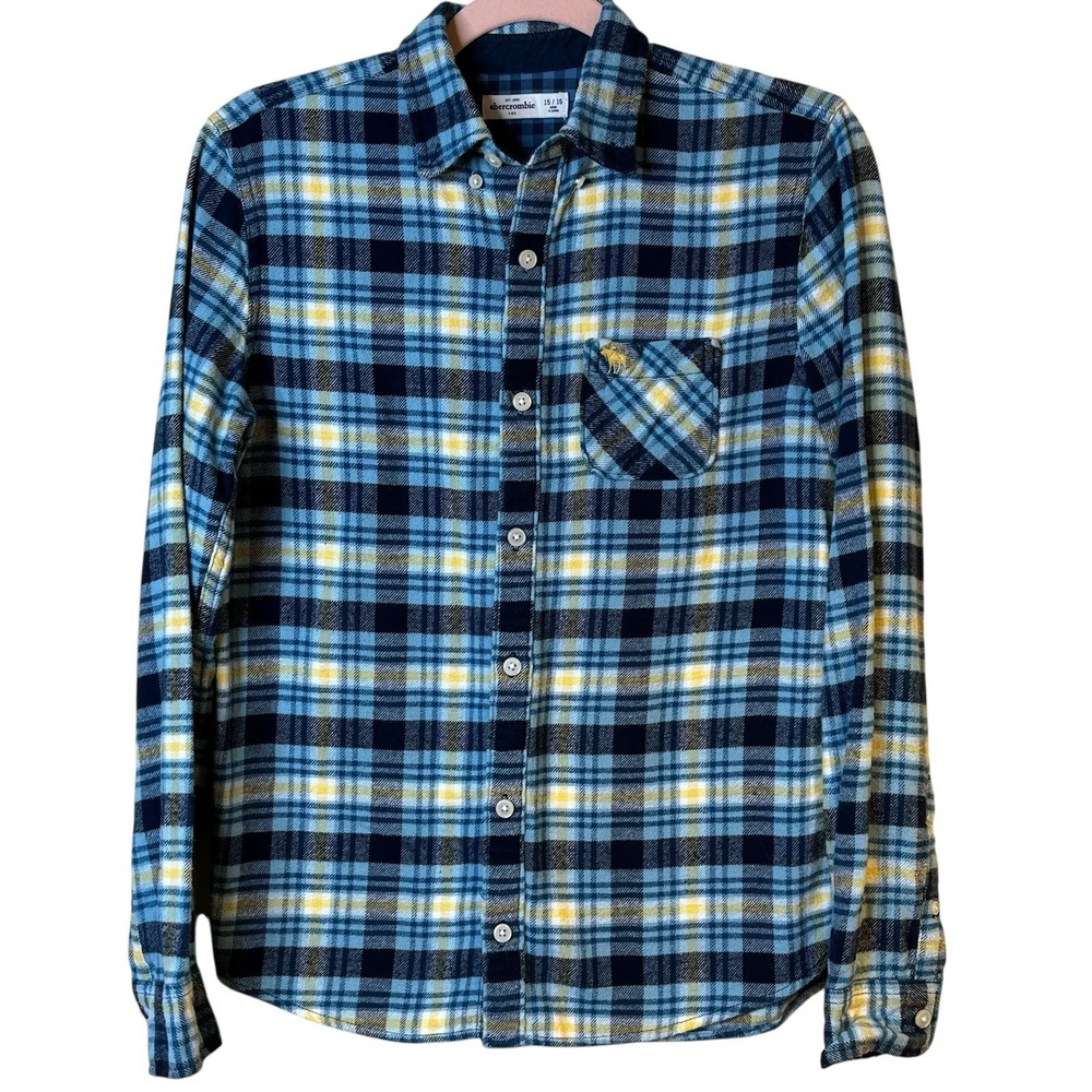 Abercrombie Kids Boys Plaid Flannel Button Shirt Size 15/15 Cabincore Blue Gold